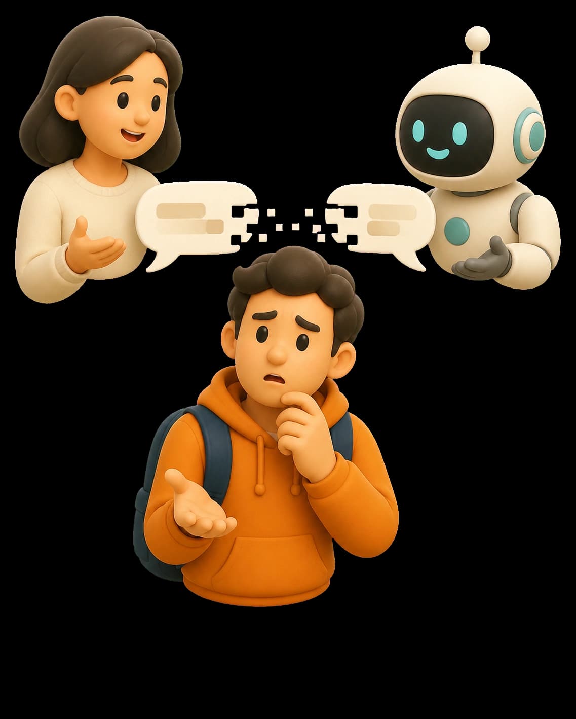 3D-иллюстрация учащегося, которому трудно понять ответы человека и собеседника на основе ИИ